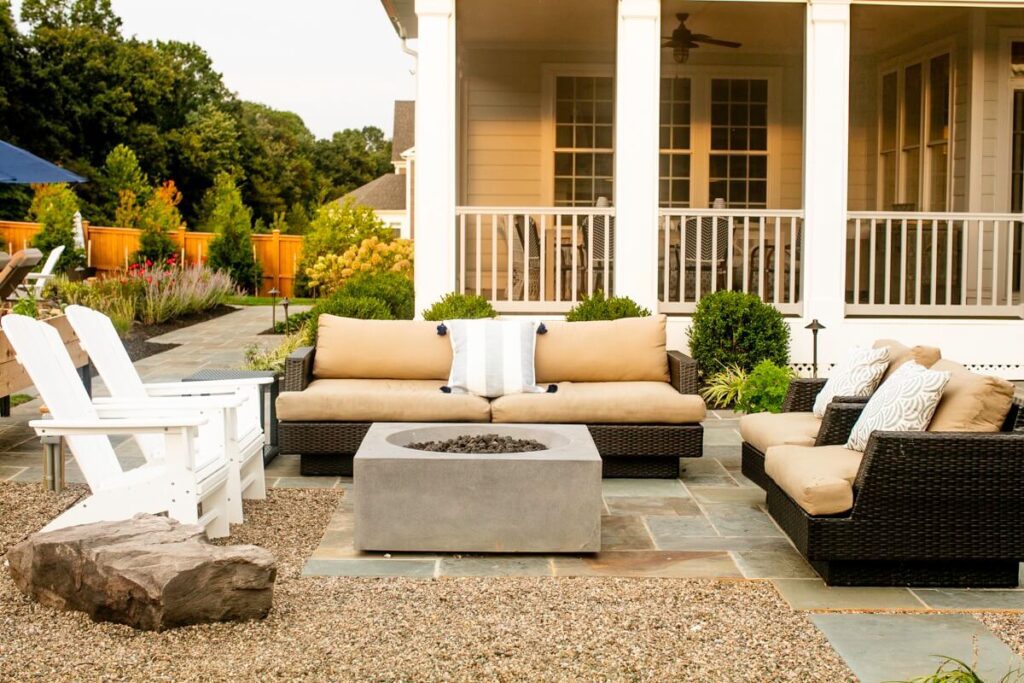 outdoor seating area and fire pit