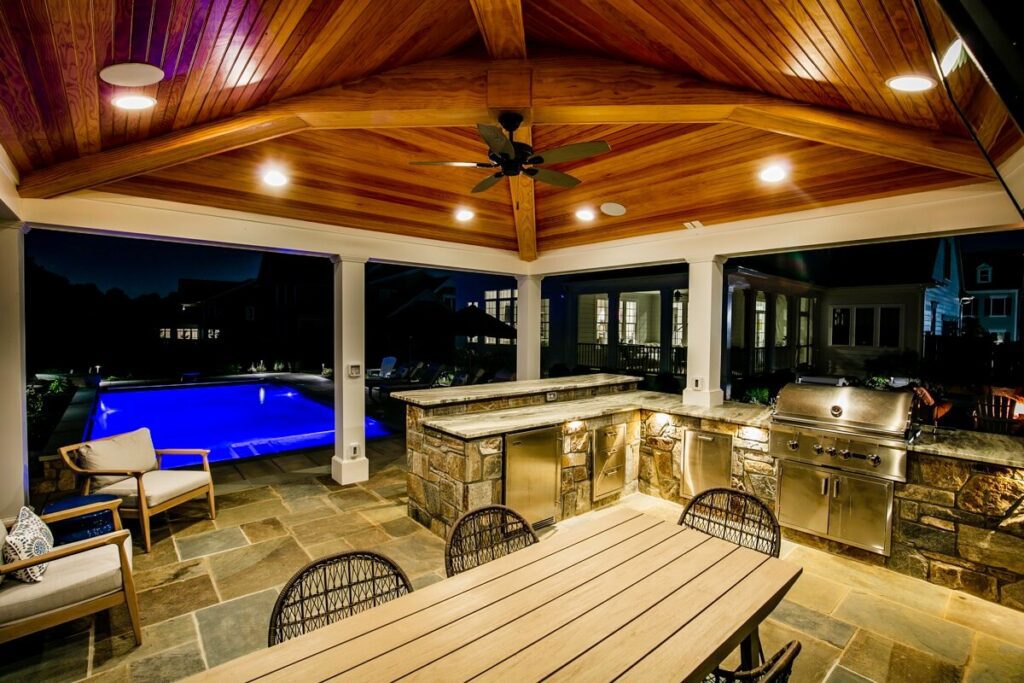 outdoor pool pavilion with kitchen