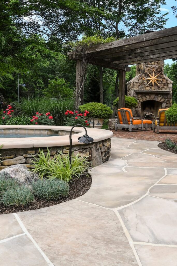 Raised Spa Flagstone Patio Outdoor Stone Fireplace