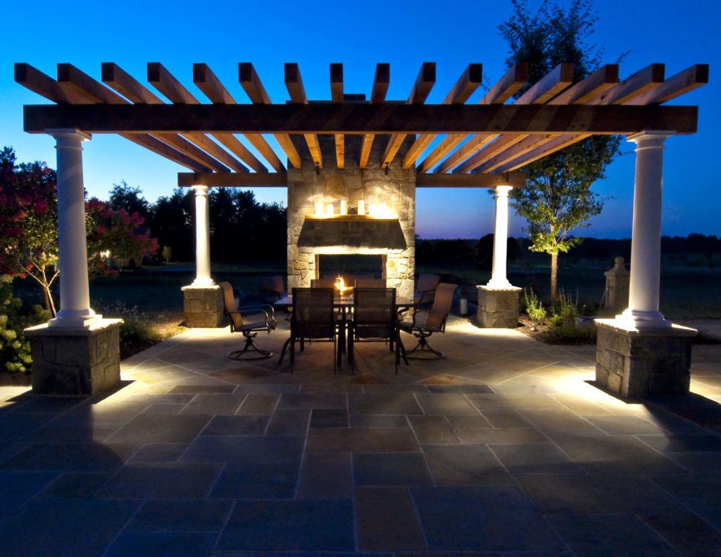 Outdoor Stone Fire Plance with Custom Cedar Pergola Flagstone Patio