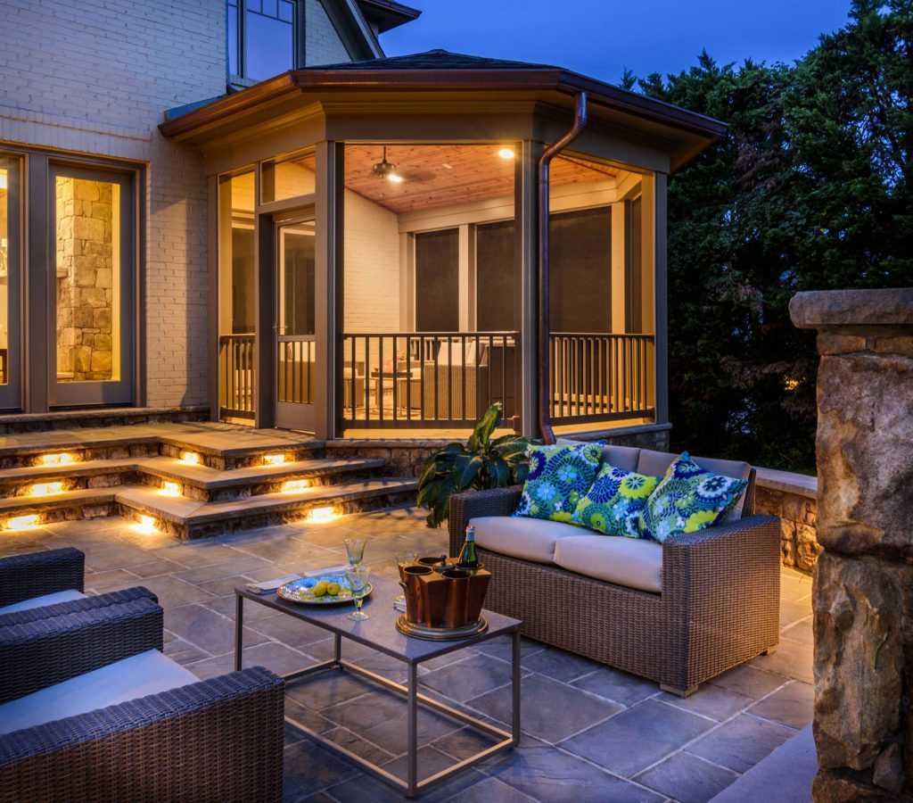 Flagstone Patio with Stone Steps Step Riser Lighting Screened Porch