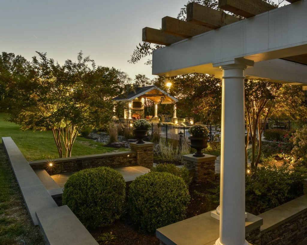 Landscape Plantings Custom Pool Pavilion with Outdoor Stone Fireplace Custom Pergola Stone Walls with Steps and Piers Landscape Lighting