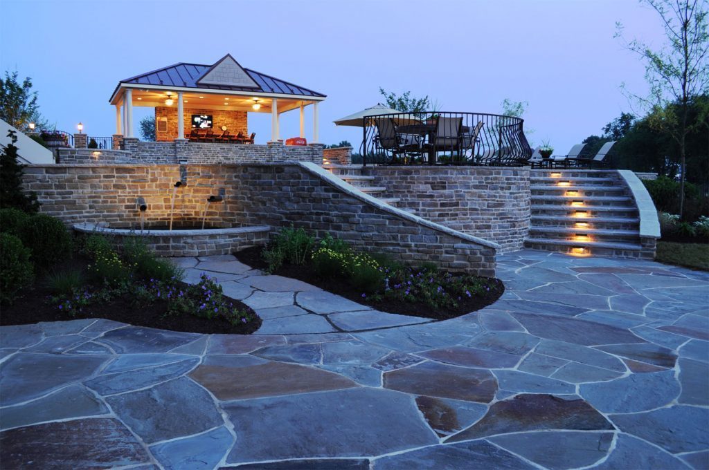 Custom Pool Pavilion and Bar Stone Retaining Wall and Stone Steps Flagstone Patio Custom Water Feature