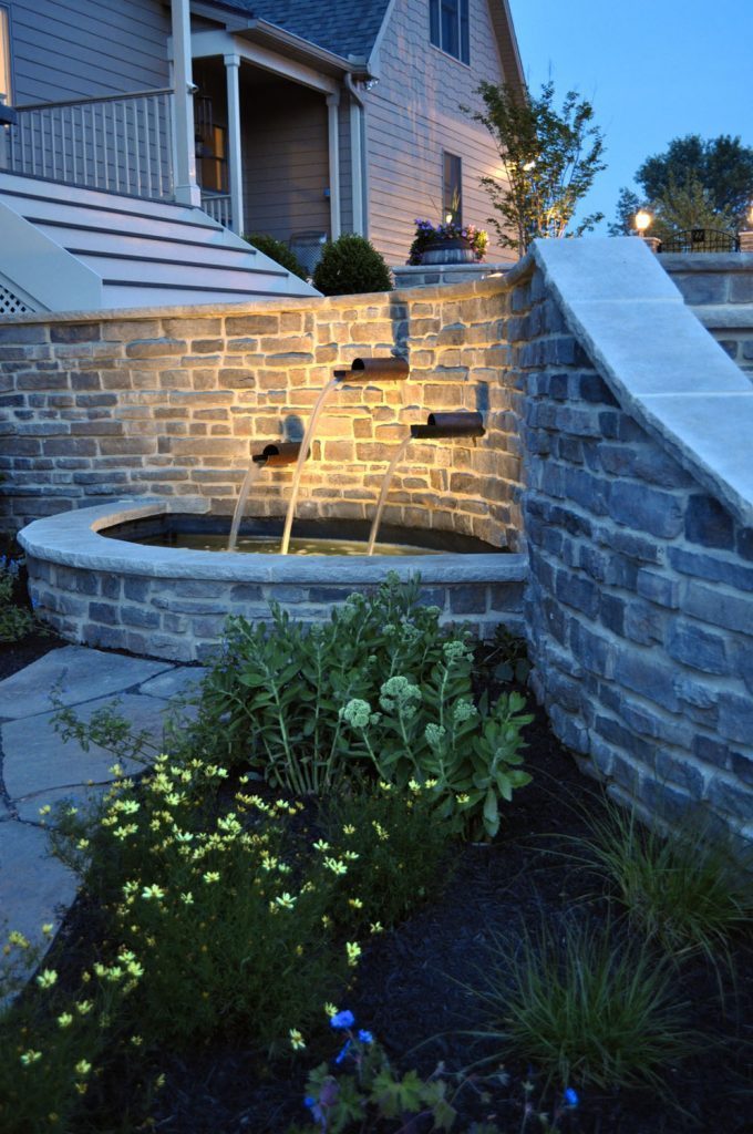 Flagstone Garden Path with Plantings Custom Water Feature with Copper Scuppers Landscape Lighting