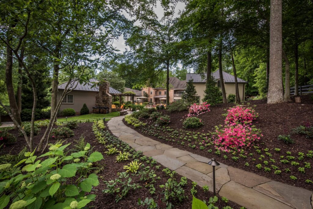 Flagstone Garden Path with Landscape Plantings Path Lights