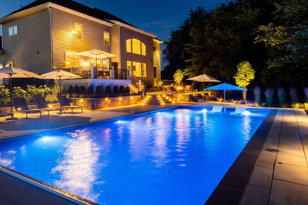 Beautiful pool with lights at night