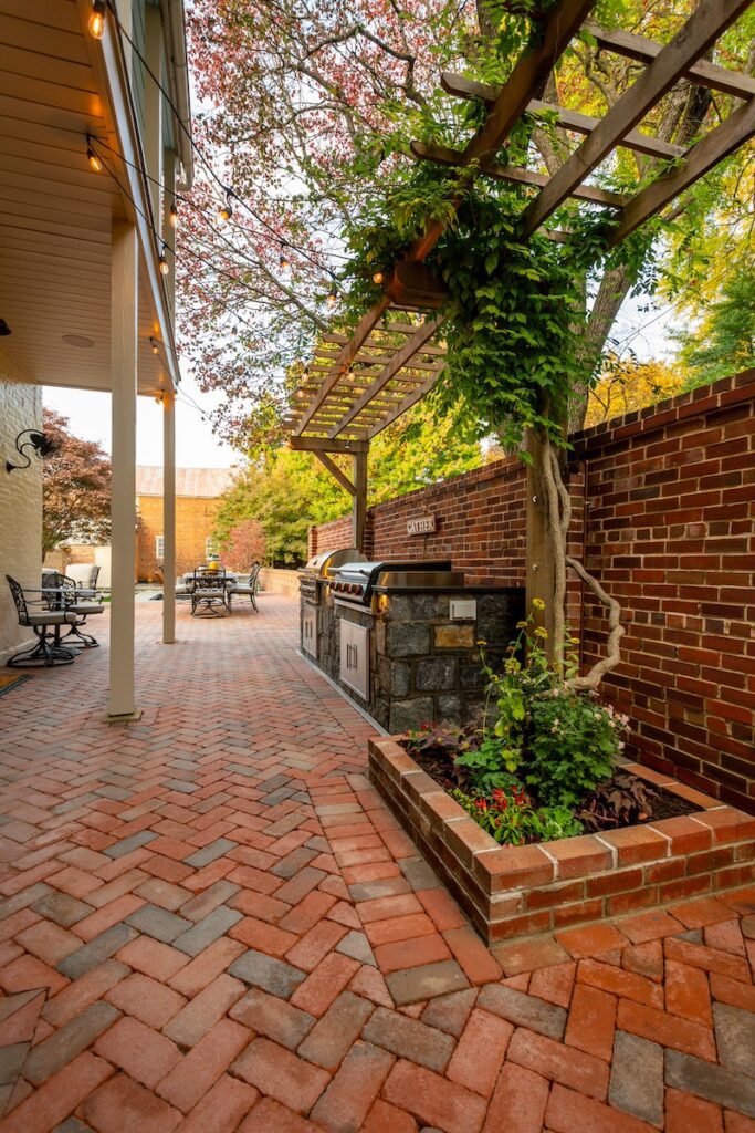 clay paver patio with stone bbq