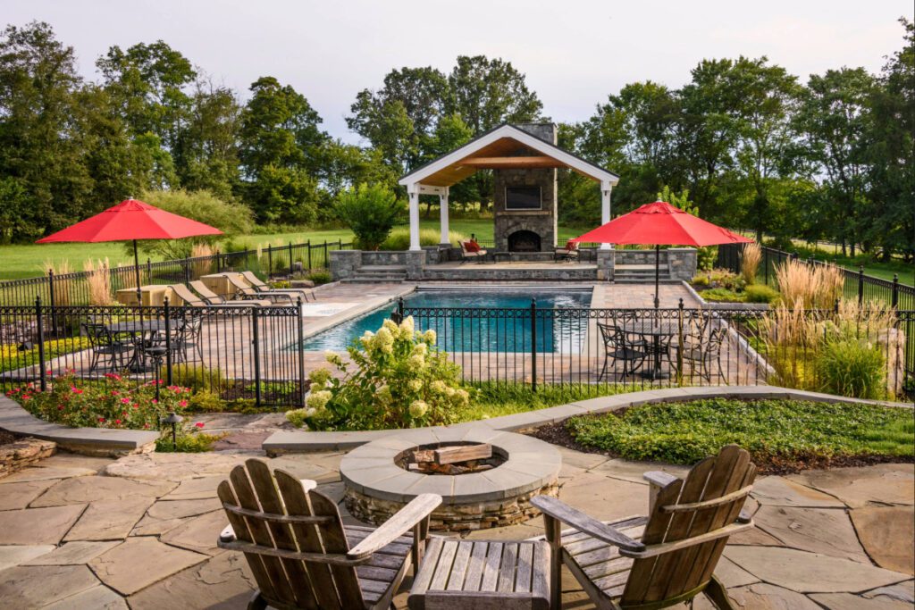 Clearwater Landscape & Nursery Hardscape Flagstone Patio Paver Patio Stone Seat Walls Stone Piers Stone Steps Outdoor Fireplace Custom Pavilion Landscape Plantings Fire Pit Swimming Pool