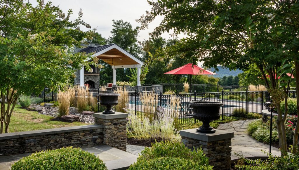 Clearwater Landscape & Nursery Hardscape Flagstone Patio Paver Patio Stone Walls Stone Piers Outdoor Fireplace Custom Pavilion Landscape Plantings Swimming Pool