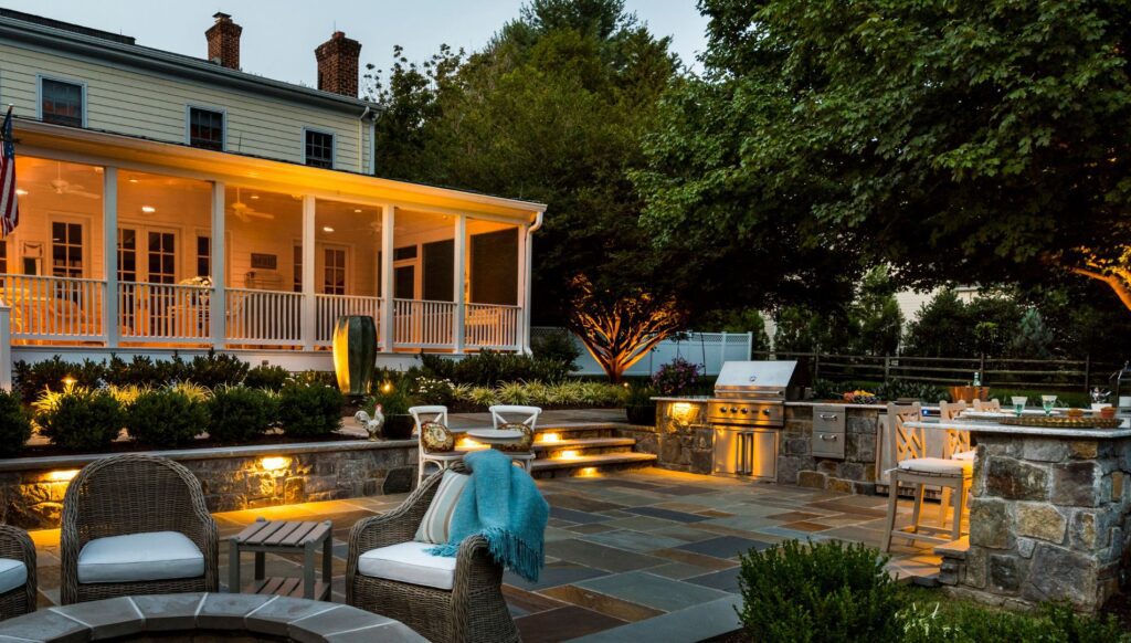 Clearwater Landscape & Nursery Hardscape Flagstone Patio Stone Walls Outdoor Kitchen & Bar Stone Fire Pit Landscape Plantings Landscape Lighting