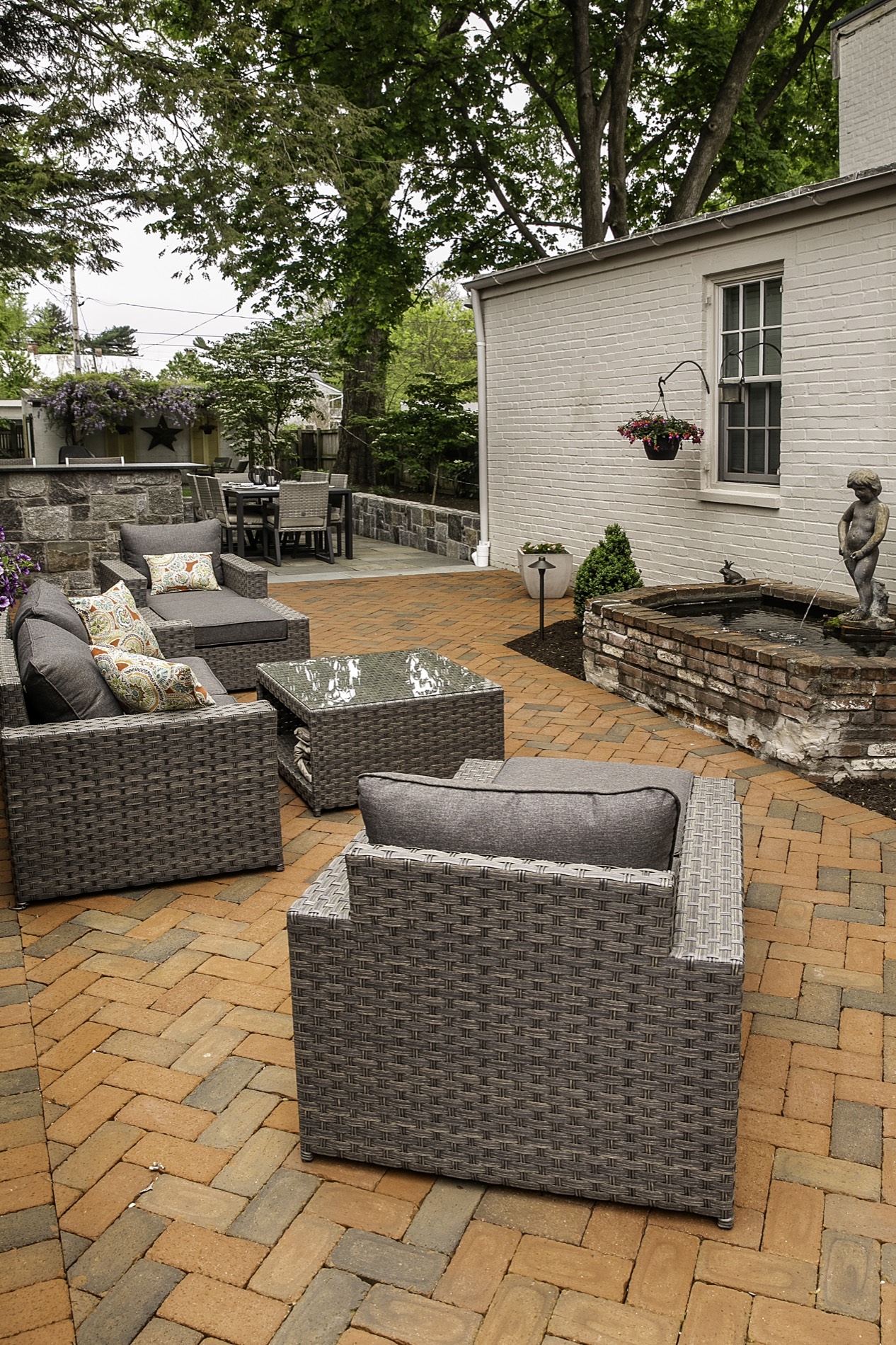 Clay Brick Patio with Water Feature