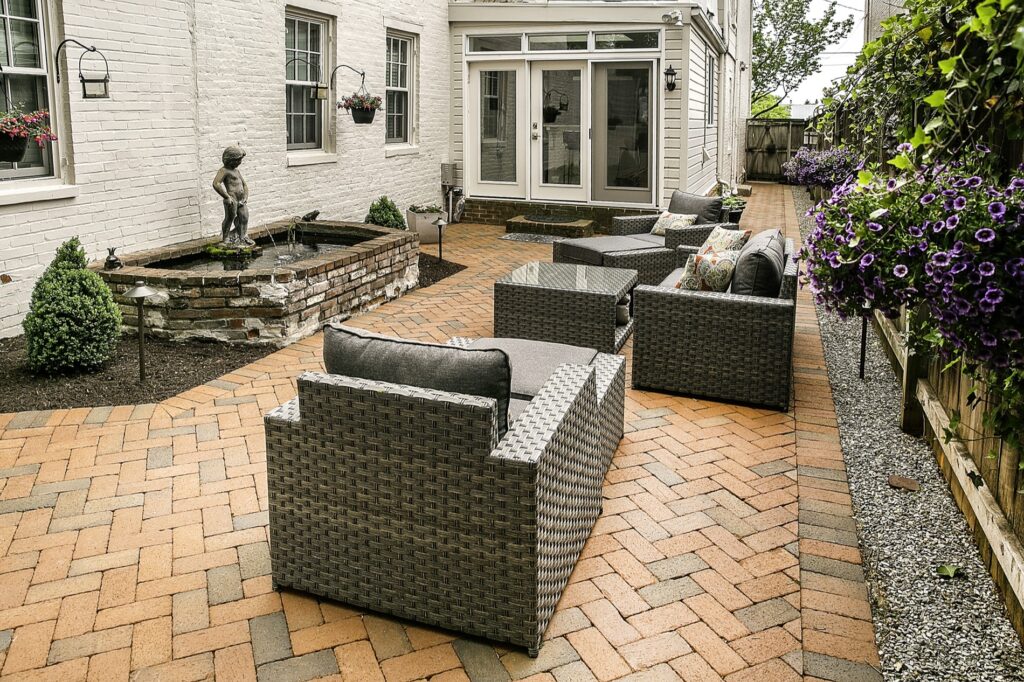 Clay Brick Patio in backyard with custom water feature