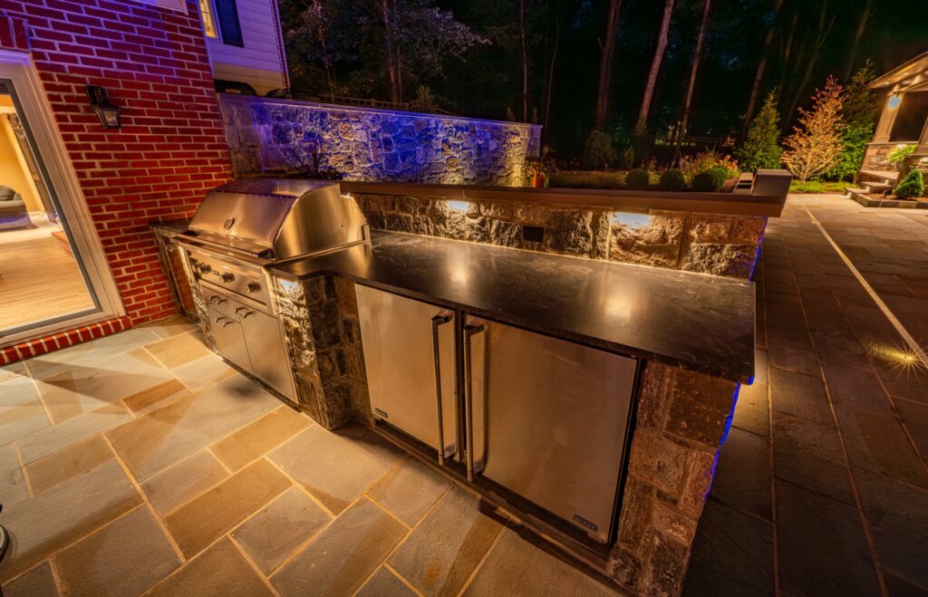 Outdoor Kitchen and BBQ with Grill and Refrigerators Flagstone Patio Low Voltage Lighting