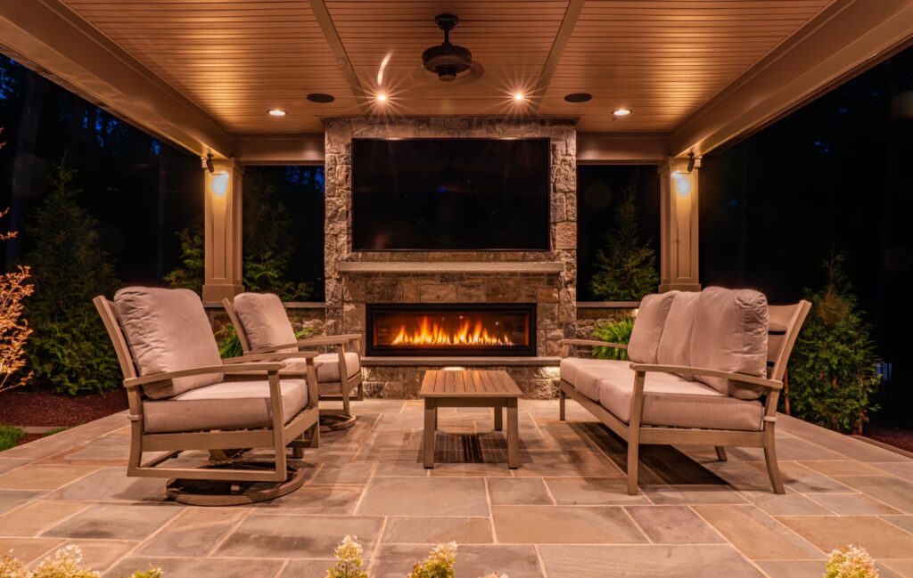 Covered Pavilion with Outdoor Stone Fireplace, mantel and TV Flagstone Flooring