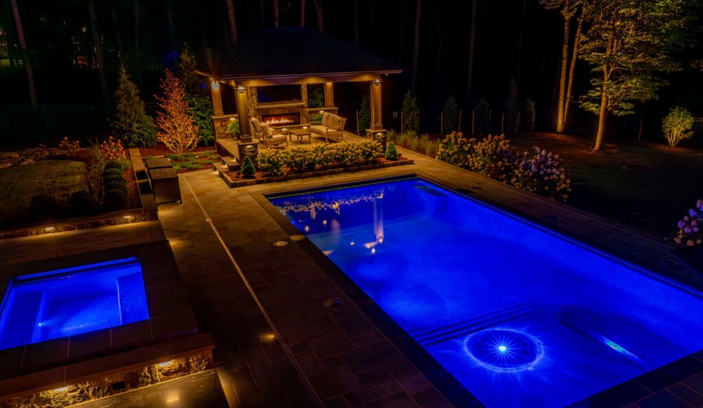 Custom Swimming Pool and Spa Pool Pavilion with Gas Fireplace