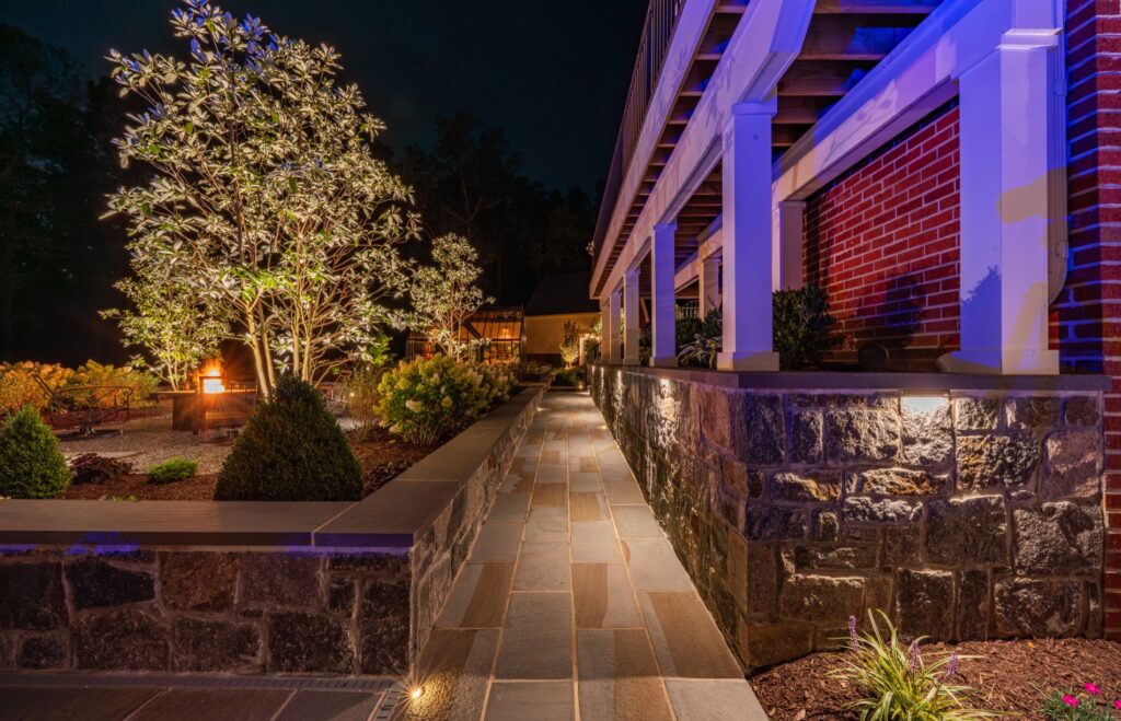 Stone Walls with LV Lighting Landscape Plantings Low Voltage Lighting