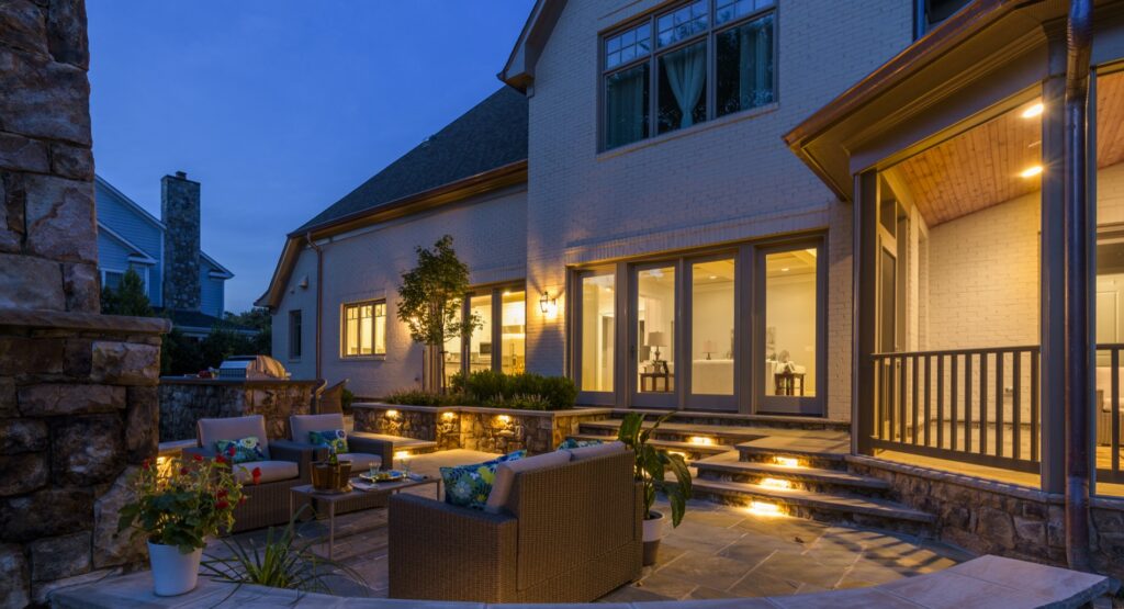 fireplace patio with stone steps and lv lighting