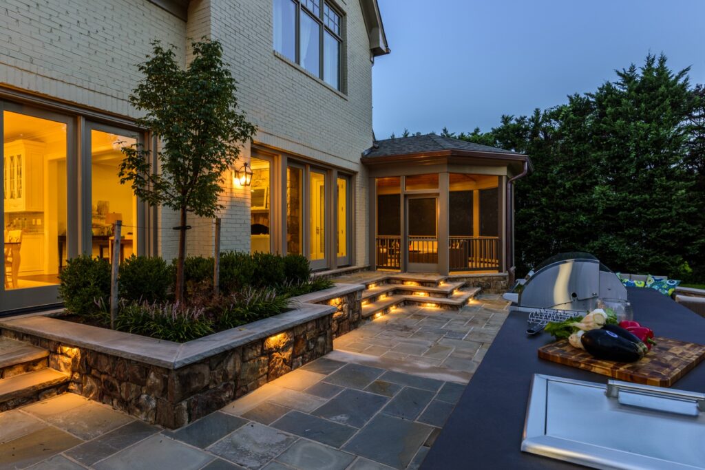 screened porch and bbq kitchen patio with stone steps