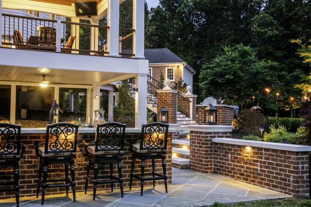 bar seating and brick walls and steps