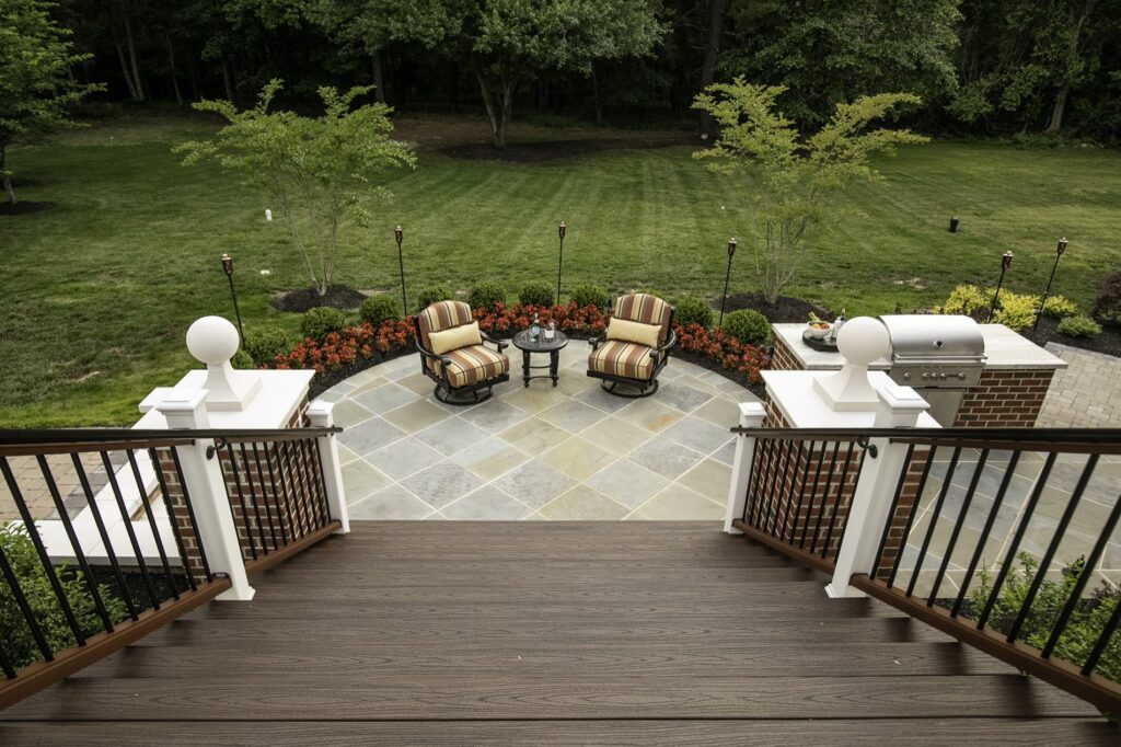composite deck steps to lower flagstone patio