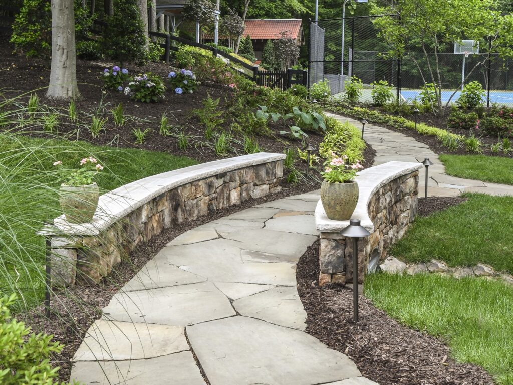 flagstone walkway with stone bridge
