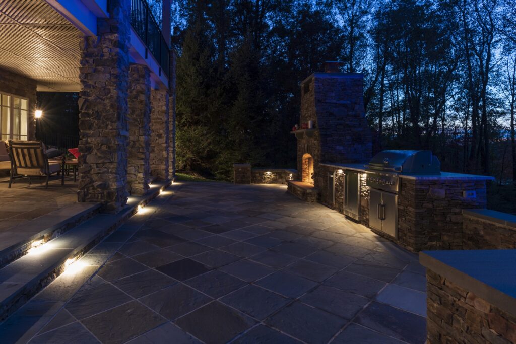 Outdoor Stone Fireplace Outdoor Stone Kitchen with Grill and refrigerator flagstone patio Low Voltage Lighting