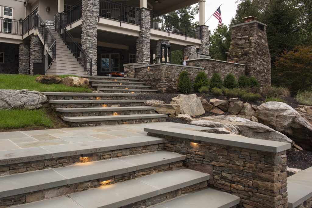 outdoor fireplace flagstone walkway and stone steps Landscape Plantings