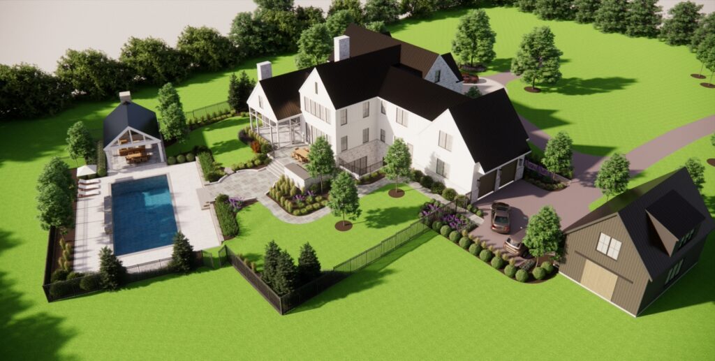 Aerial Pool Pavilion and Patio View Clearwater Landscape & Nursery 3D Model Design Rear Yard Masterplan Aerial View