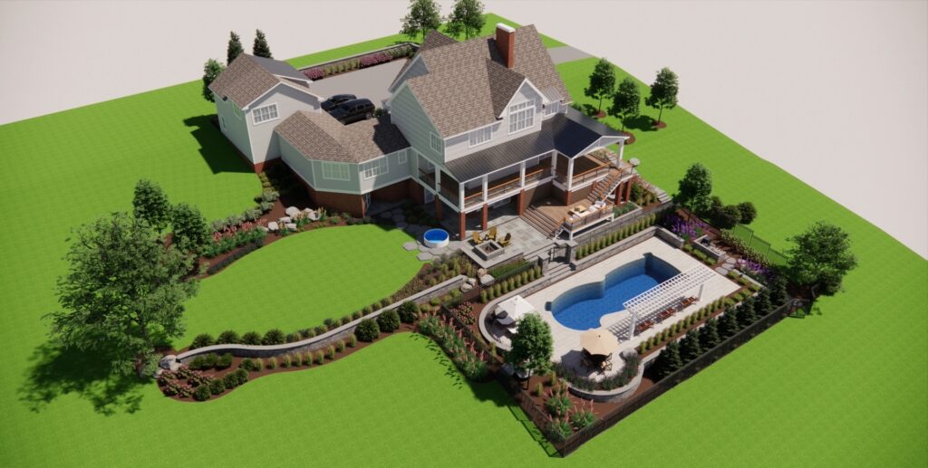 Aerial Pool Walls Patio View Clearwater Landscape & Nursery 3D Model Design Rear Yard Masterplan Aerial View