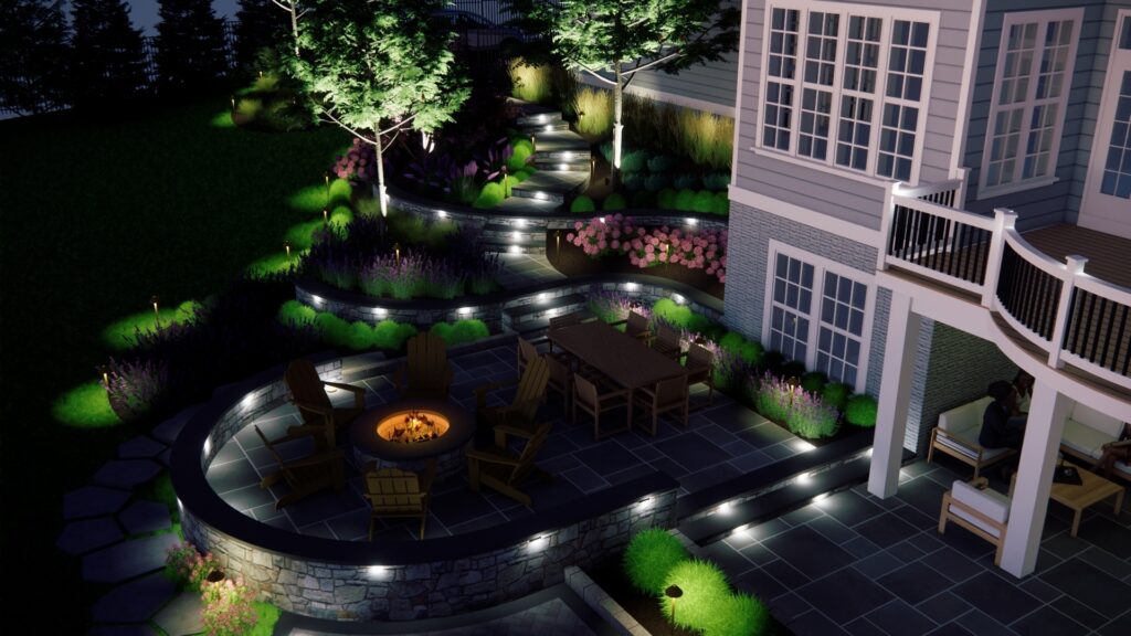 Night Patio with Lighting View Clearwater Landscape & Nursery 3D Model Design Night Stone Steps Walls and Fire Pit View