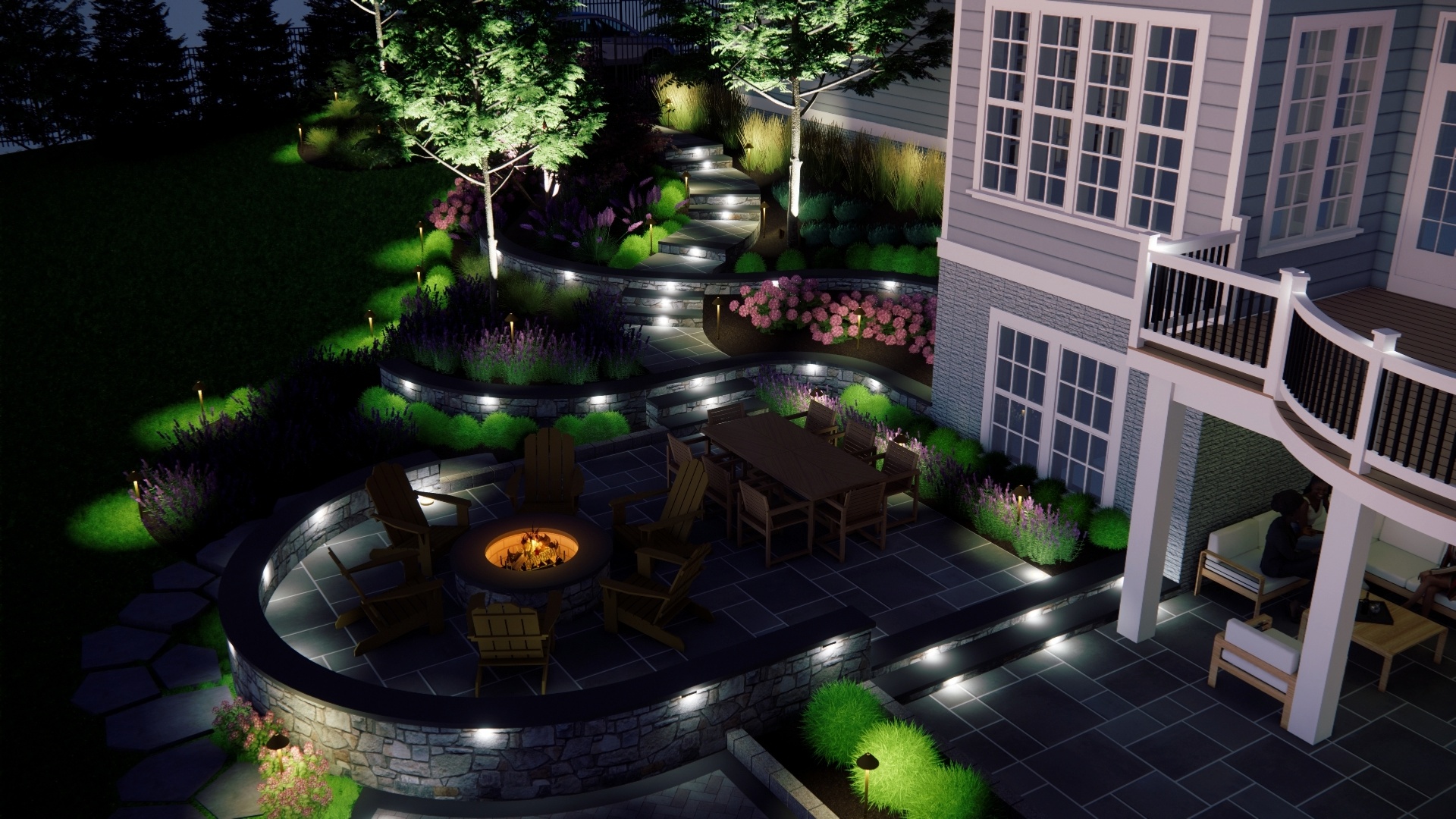 Clearwater Landscape & Nursery 3D Model Design Night Stone Steps Walls and Fire Pit View