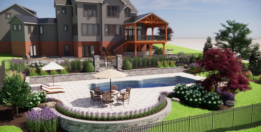 Clearwater Landscape & Nursery 3D Model Design Swimming Pool Deck and Stone Walls View